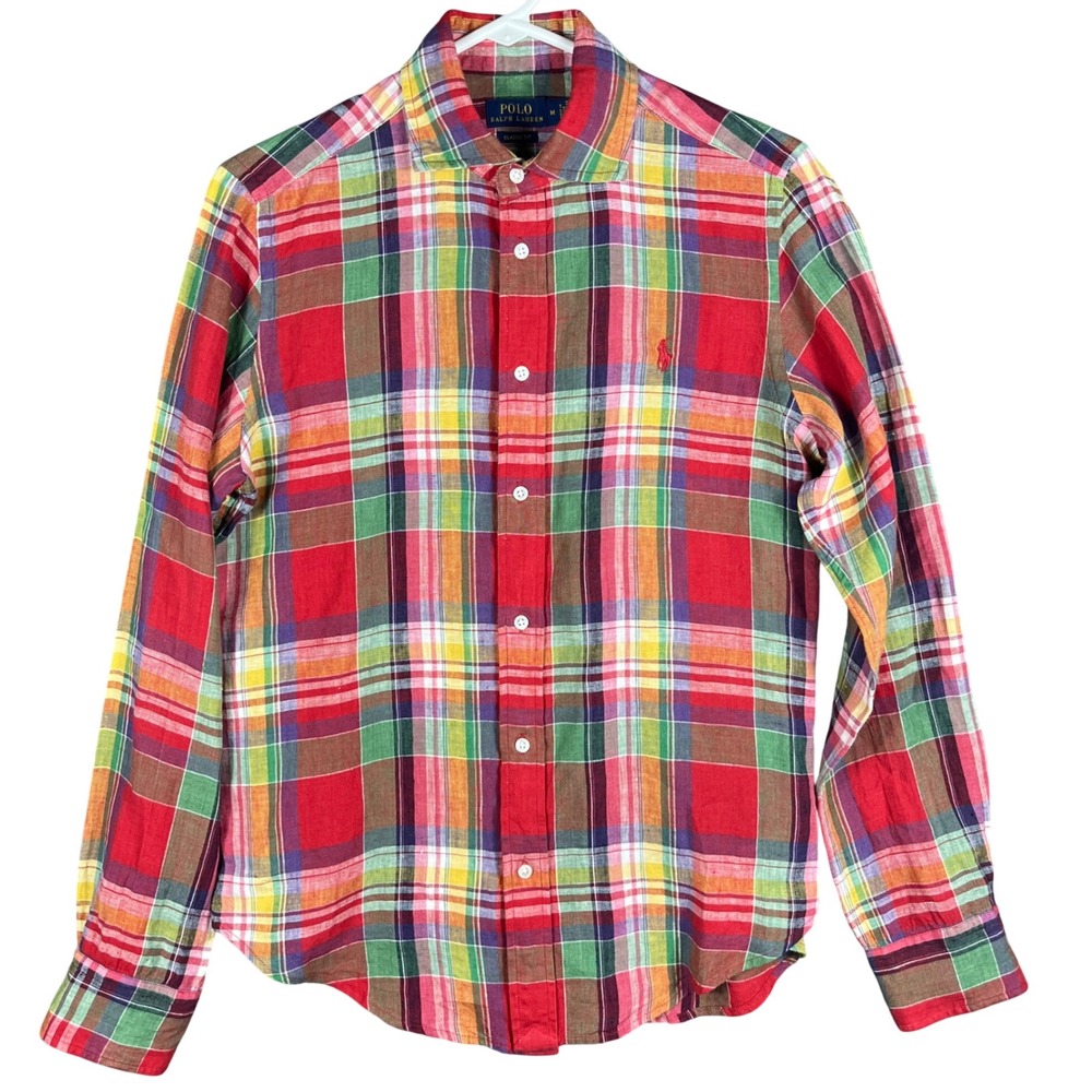Polo Ralph Lauren Button Down Shirt Mens Medium Multi Plaid Linen Classic Fit